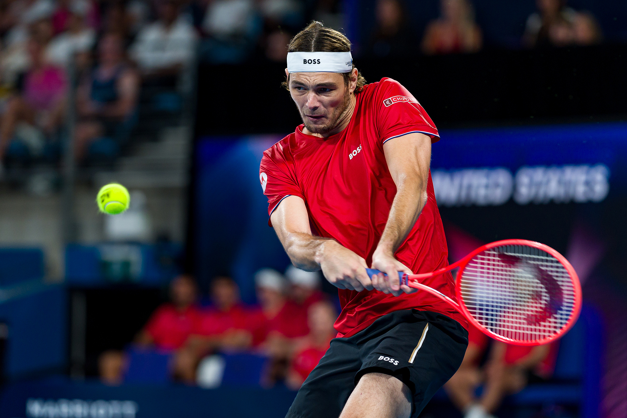 Taylor Fritz of the USA hits a shot in the men's singles match against Tomas Machac of the Cezch Republic in the United Cup semifinals in Sydney, Australia, January 4, 2025. /CFP