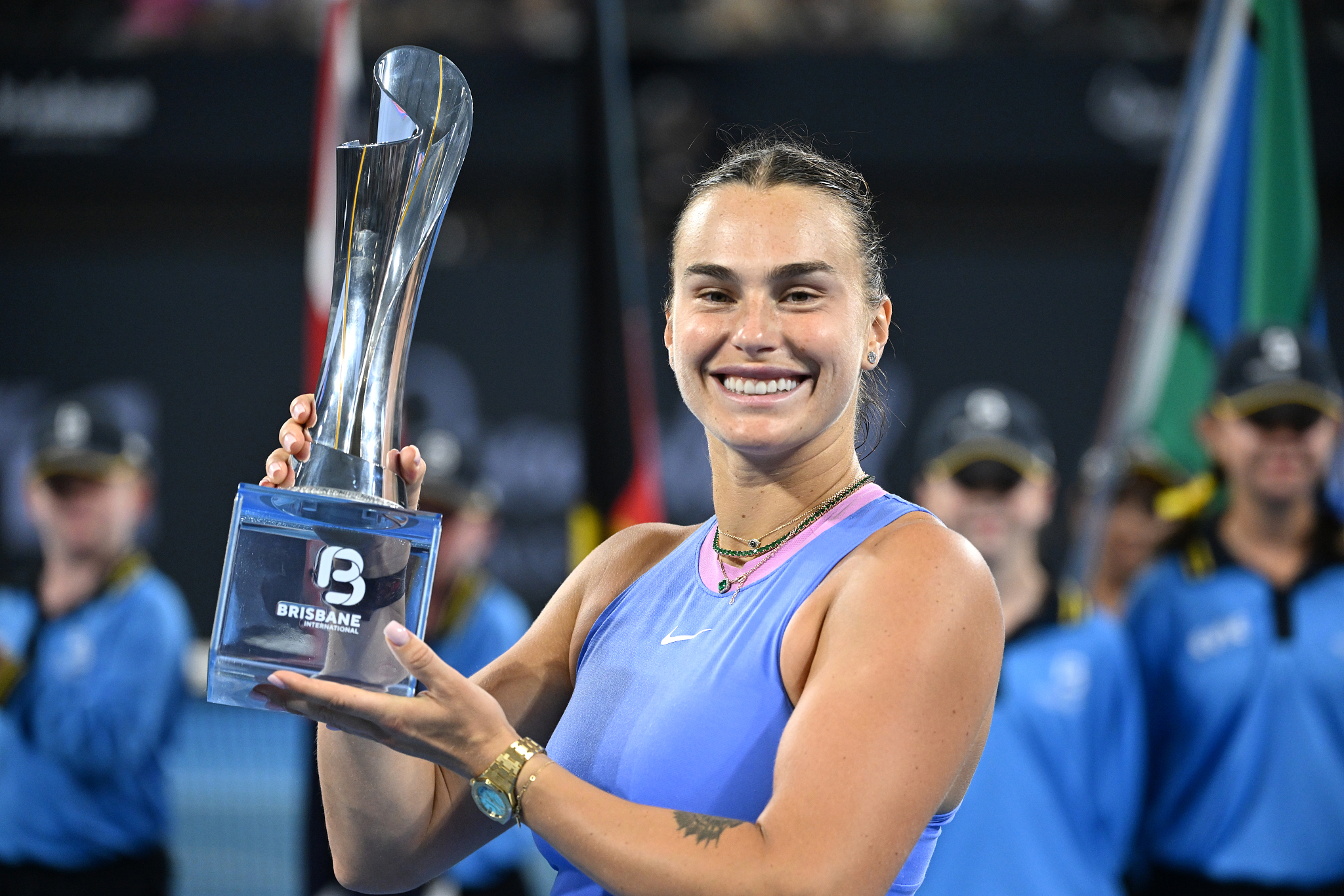 Aryna Sabalenka of Belarus celebrates winning the women's singles title at the Brisbane International in Brisbane, Australia, January 5, 2025. /CFP