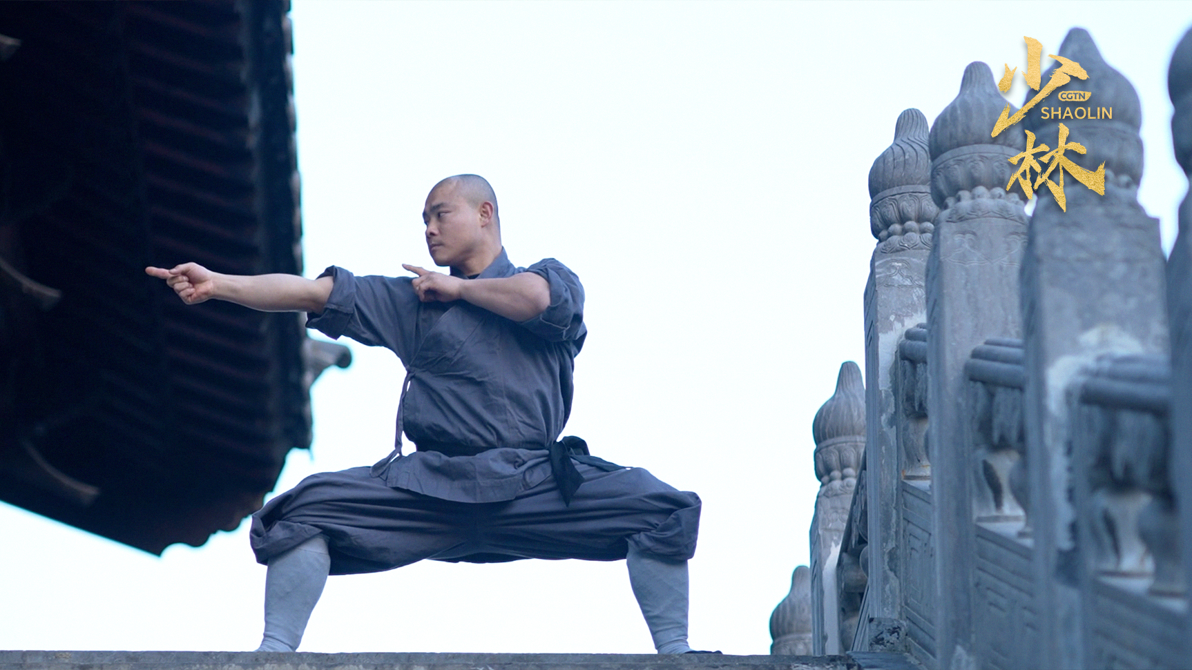 Shi Yanqian showcases the Shaolin One-Finger Zen kung fu style at the Shaolin Temple in central China's Henan Province, 2024. /CGTN