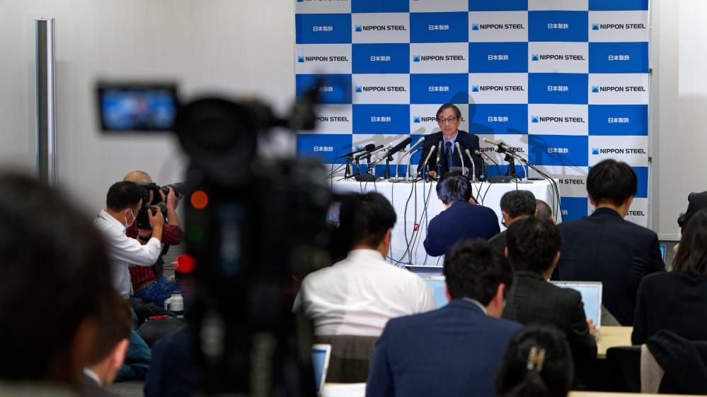 Eiji Hashimoto, chairman and chief executive officer of Nippon Steel, answers questions during a press conference in Tokyo, Japan, January 7, 2025. /Xinhua