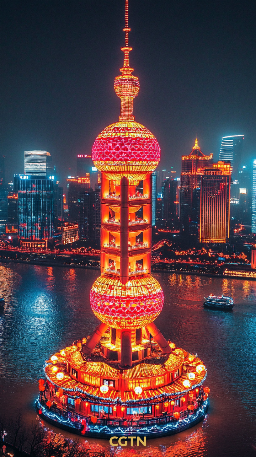 This AI-generated poster shows the Oriental Pearl Tower standing in Shanghai in a lantern style. /CGTN