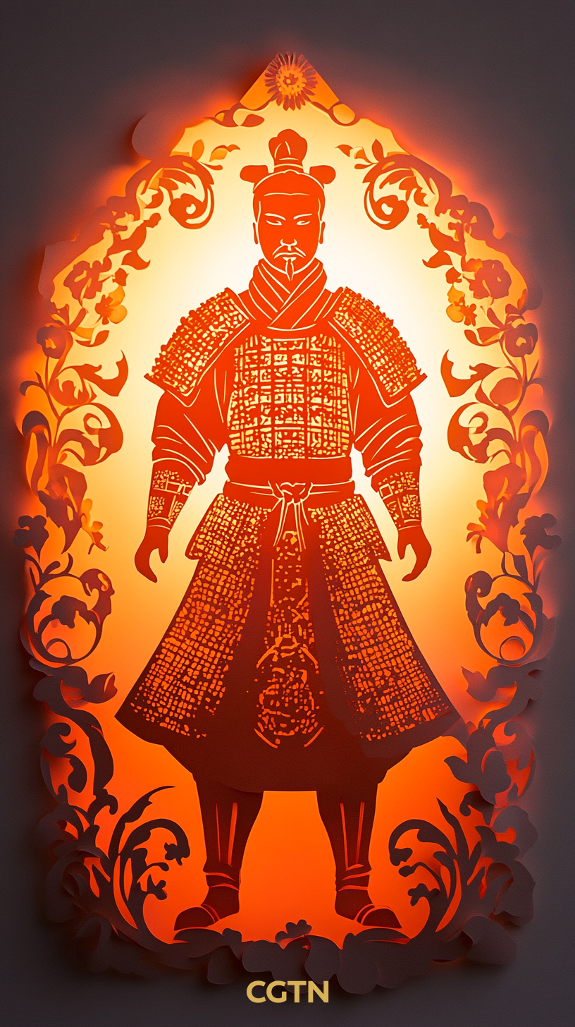 This AI-generated poster shows a terra-cotta warrior from Xi'an, Shaanxi Province, in a traditional paper-cutting style. /CGTN  