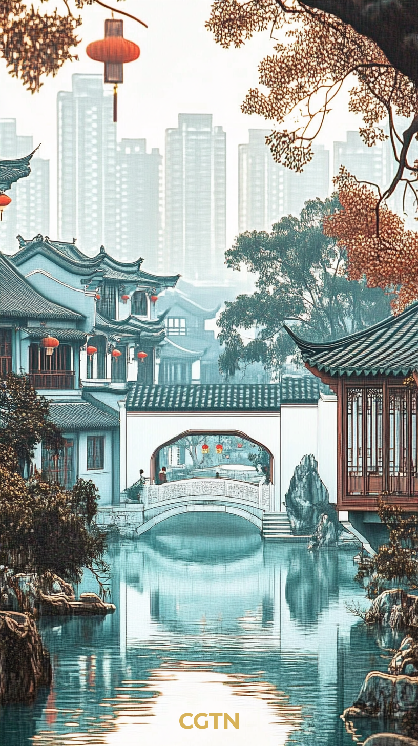 This AI-generated poster shows a view of Suzhou's classical gardens in a style of New Year woodblock print. /CGTN