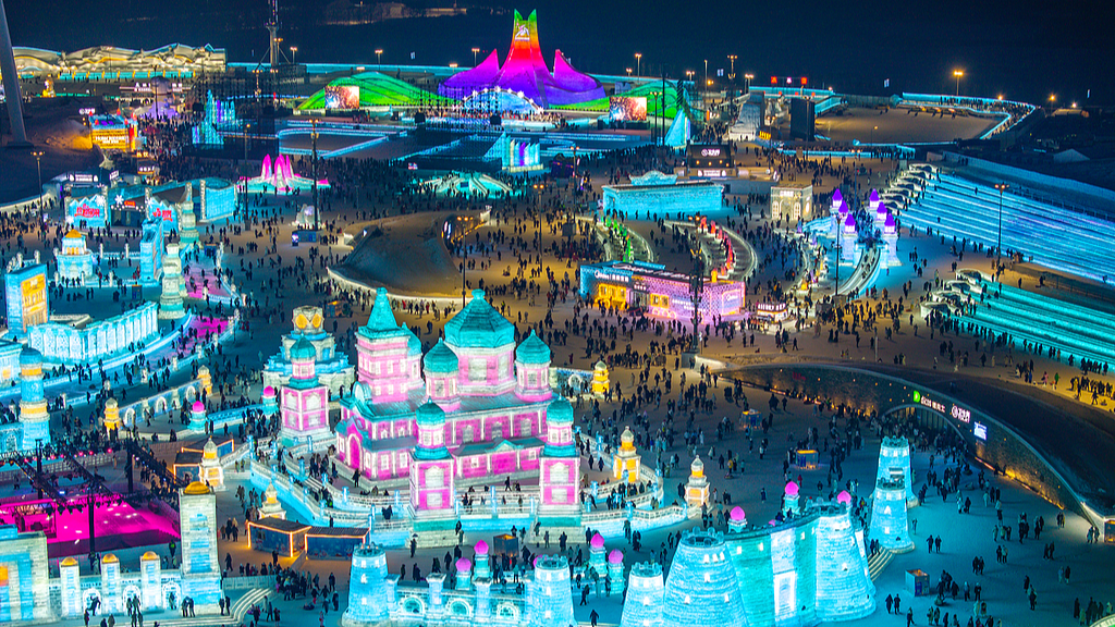 Harbin Ice and Snow World is seen from above at night on January 2, 2025. /VCG