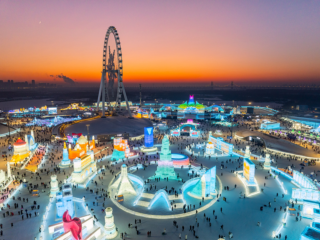 Harbin Ice and Snow World is seen from above at night on January 2, 2025. /VCG