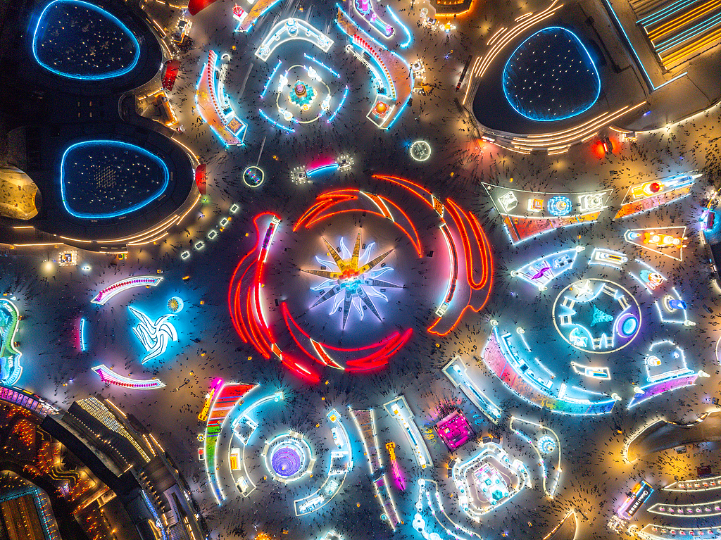 Harbin Ice and Snow World is seen from above at night on January 2, 2025. /VCG