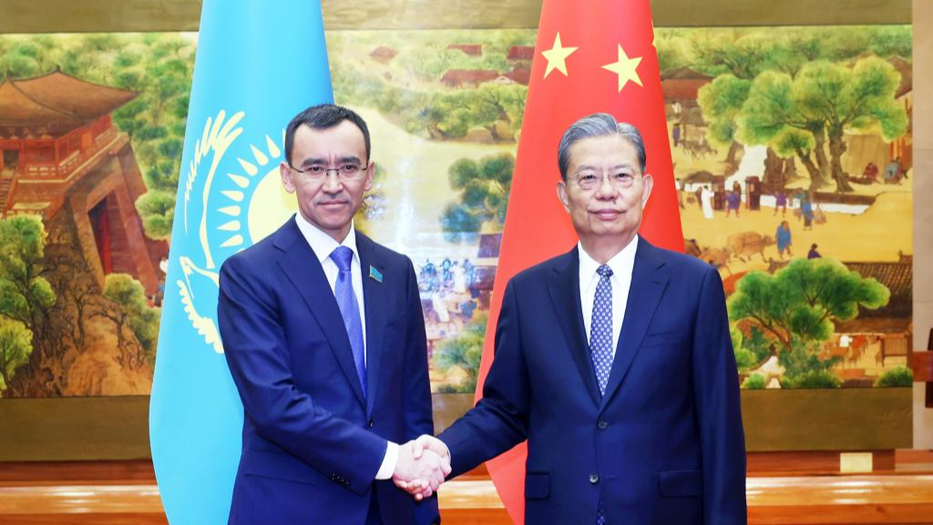 Zhao Leji (R), chairman of the National People's Congress Standing Committee, meets with Maulen Ashimbayev, chairperson of the Senate of Kazakhstan, in Beijing, China, January 13, 2025. /Xinhua