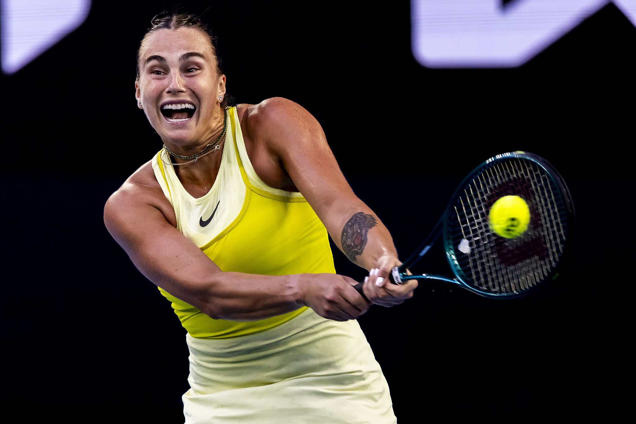 Aryna Sabalenka of Belarus hits a shot in the women's singles first-round match against Sloane Stephens of the U.S. at the Australian Open at Melbourne Park in Melbourne, Australia, January 12, 2025. /CFP