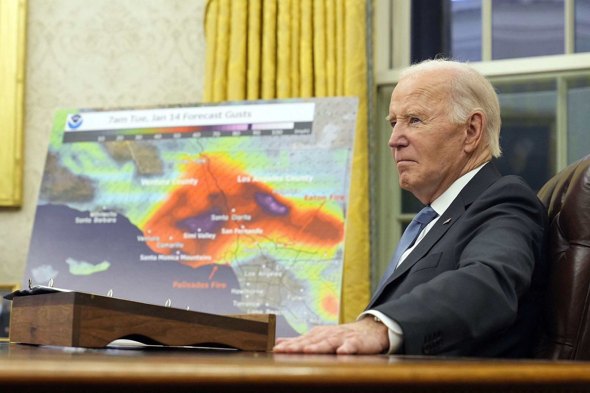 U.S. President Joe Biden listens as he is briefed on the federal response to the wildfires across Los Angeles during a meeting in the Oval Office at the White House in Washington, D.C., U.S., January 13, 2025. /CFP