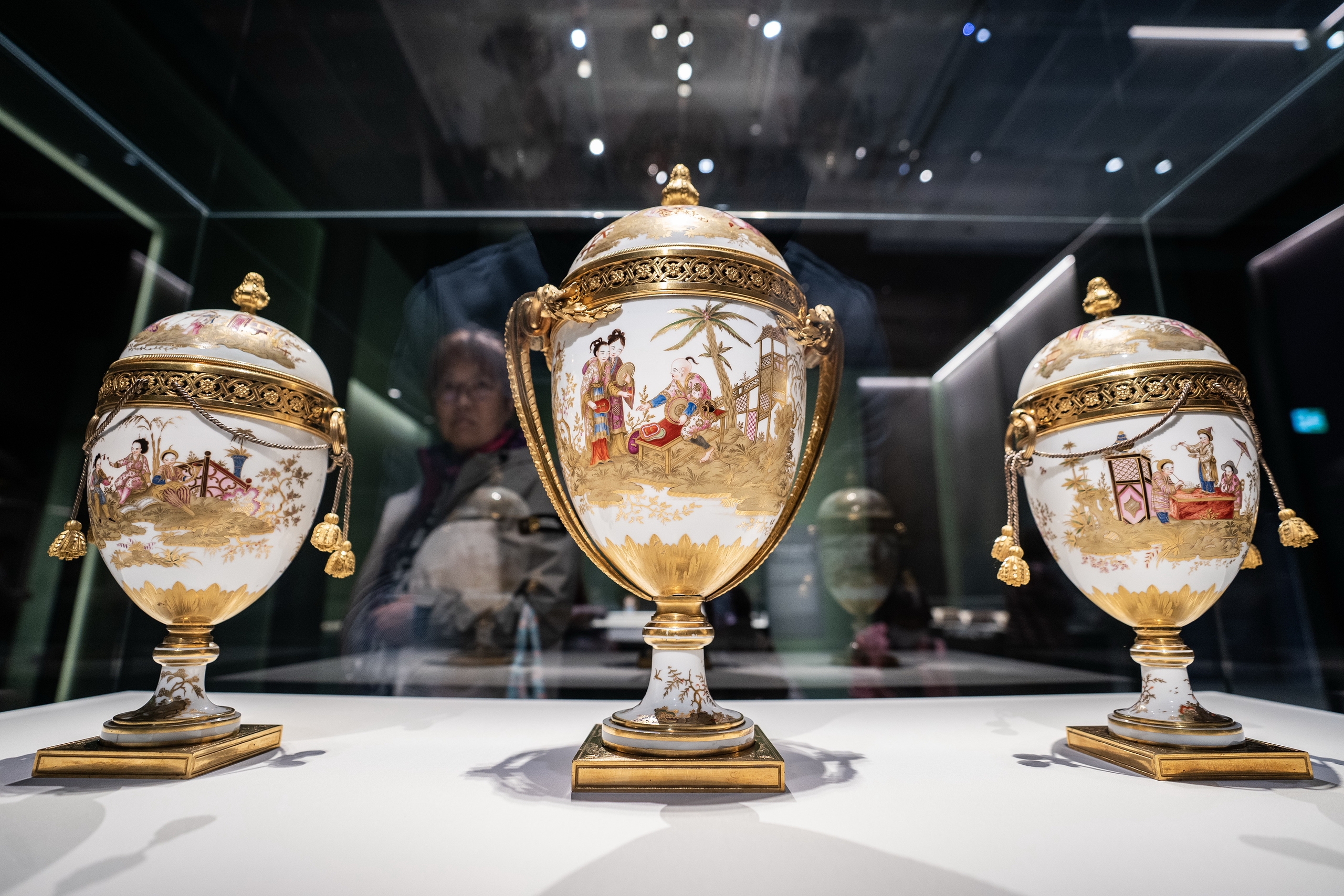 A set of egg-shaped vases from the Palace of Versailles is seen on display at the Hong Kong Palace Museum on February 19, 2025. /IC