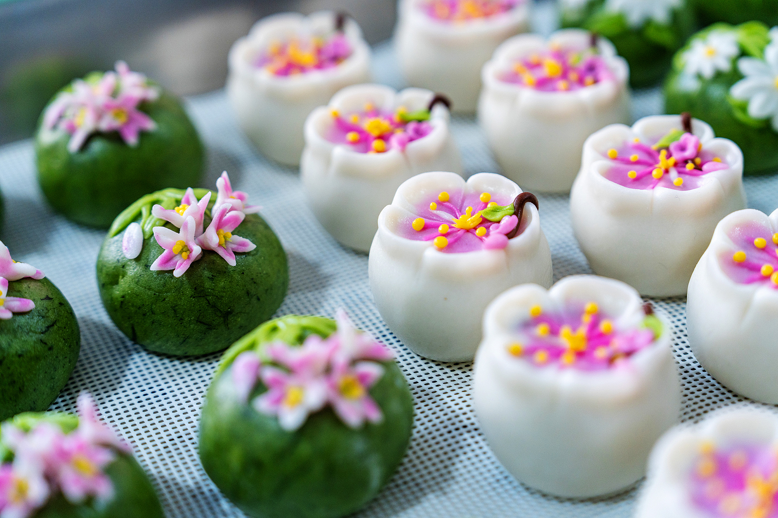 Qingming rice cakes featuring vibrant designs are seen at a workshop in Jinhua, Zhejiang Province on March 18, 2025. /VCG