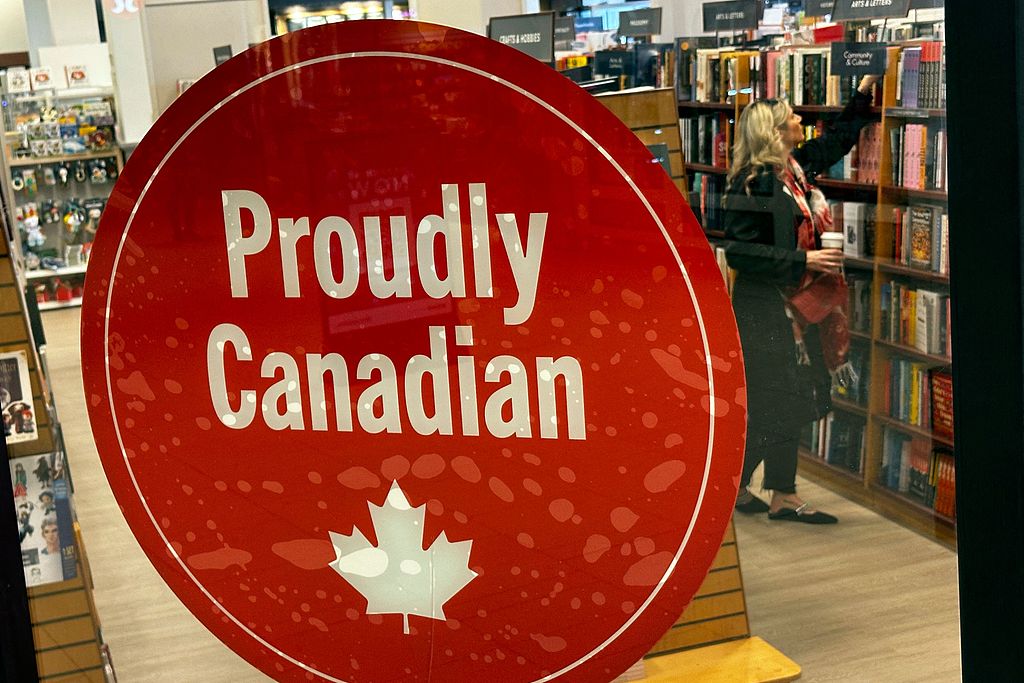 A 'Proudly Canadian' sign is seen in the window of an Indigo book shop in Windsor, Ontario, Canada, April 1, 2025. /VCG