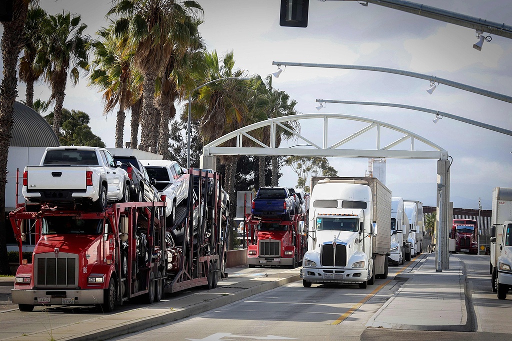 Trucks coming from Mexico enter the United States to an inspection station after crossing the border in Otay Mesa, California, the U.S., April 1, 2025. /VCG