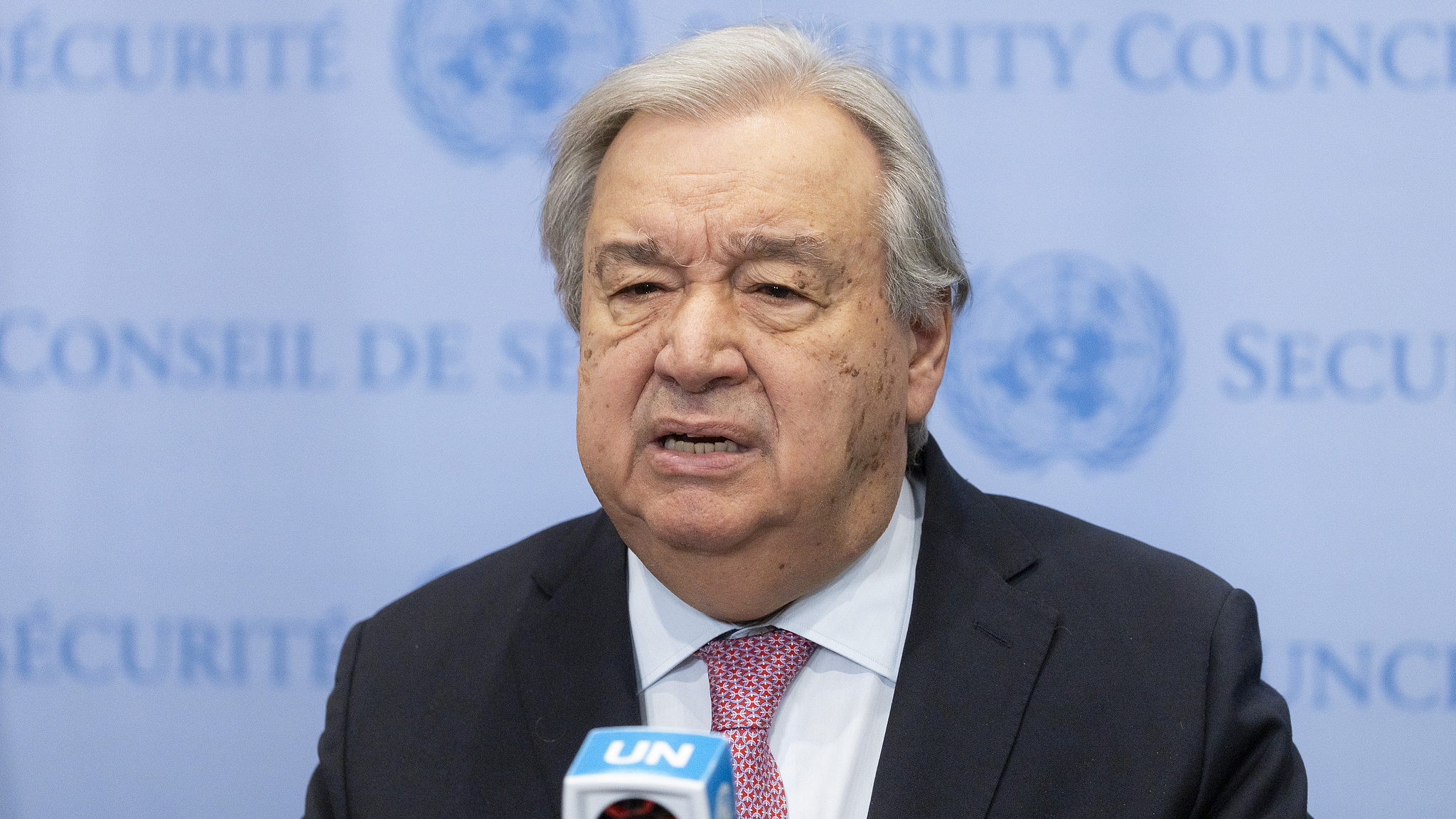 UN Secretary-General Antonio Guterres speaks at the UN headquarters in New York, U.S., April 8, 2025. /VCG
