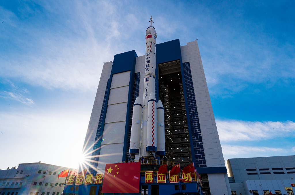 The combination of the crewed spaceship and its carrier rocket for the Shenzhou-20 mission is transferred to the launch site at the Jiuquan Satellite Launch Center in northwest China, April 16, 2025. /VCG