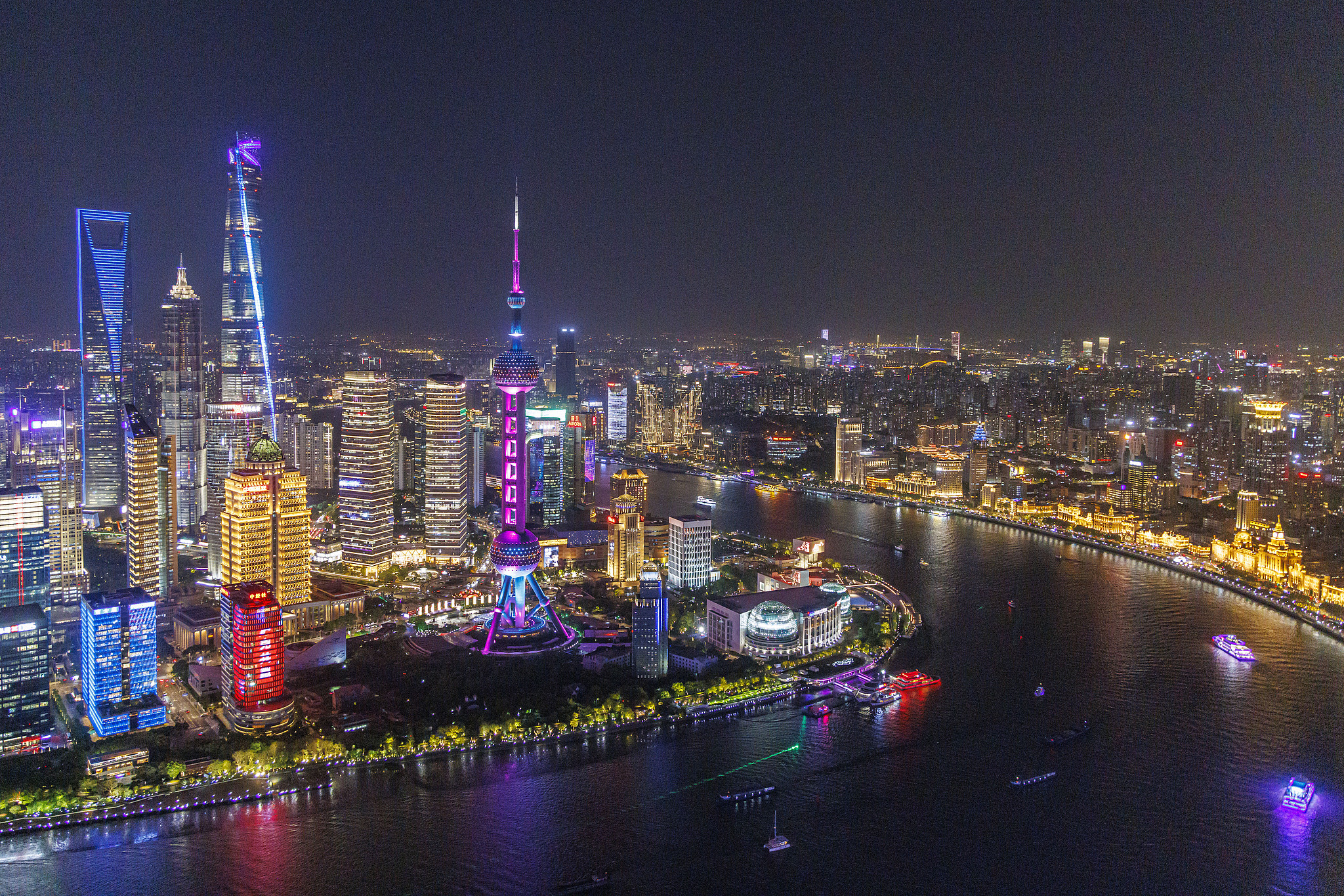 Nighttime view of Lujiazui and the Bund from The Stage Magnolia Viewing Platform in Shanghai, on April 14, 2025. /VCG