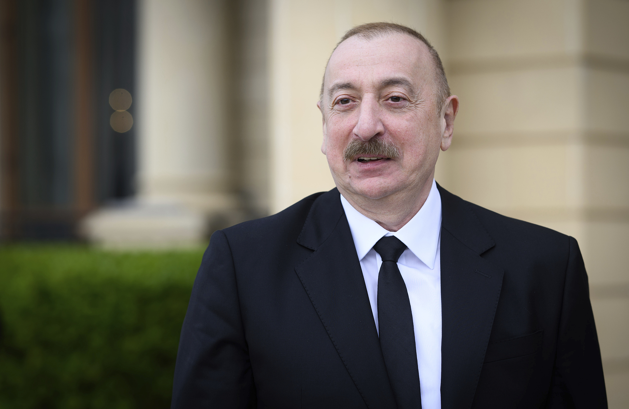 Azerbaijani President Ilham Aliyev stands in front of the president's summer residence in Baku, Azerbaijan, April 2, 2025. /VCG