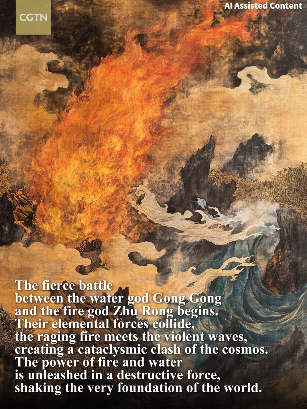 Poster generated by AI shows the battle between Zhu Rong and Gonggong. /CGTN
