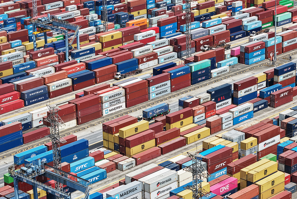 This aerial drone photo shows a view of containers at a dock at the Port of Shanghai, April 27, 2025. /CFP