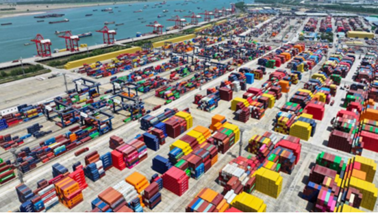 This aerial drone photo shows a view of the container terminal of Nanjing Port in east China's Jiangsu Province, April 16, 2025. /Xinhua