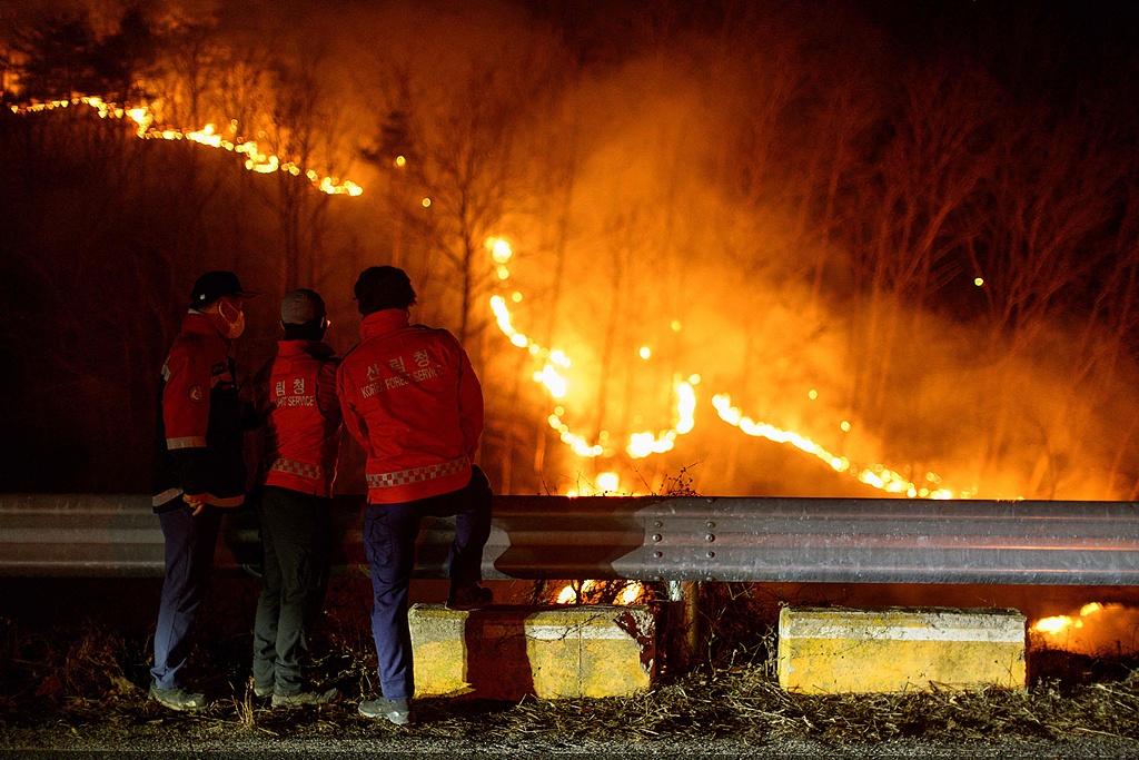 South Korea Forest Service personnel observe a wildfire from the side of a road in Andong, South Korea.  March 27, 2025. /CFP