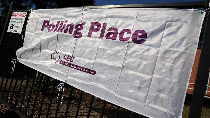 A sign reads 'Polling Place' at a voting station during Australia's general election in Melbourne, May 3, 2025.