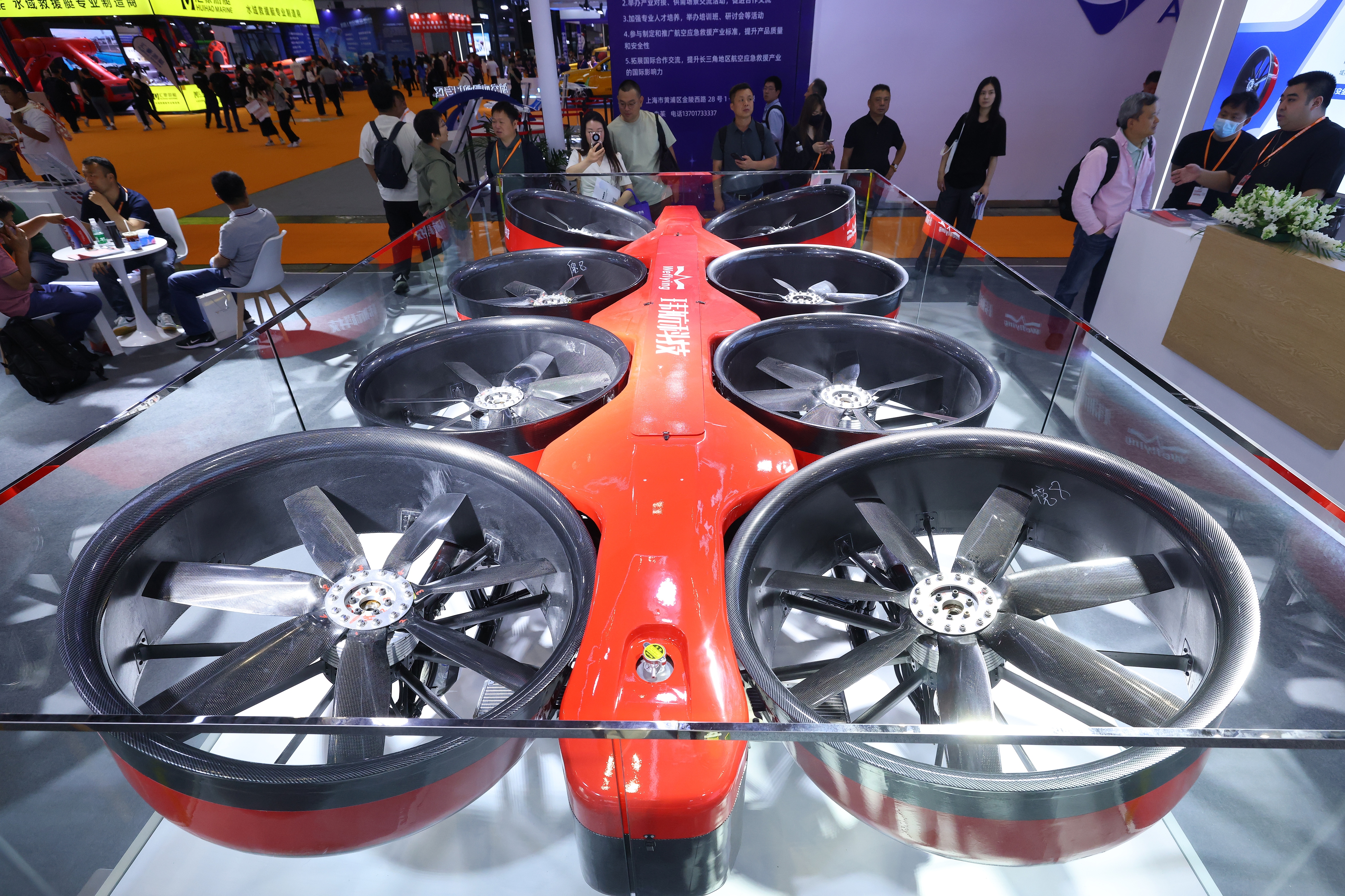 The world's first ducted-fan, high-altitude tethered firefighting drone of Weflying, Shanghai, China, May 13, 2025. /VCG