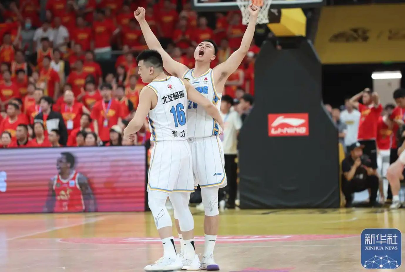Beijing Ducks captain Zhai Xiaochuan (R) and forward Zhang Cairen react after a 94-92 win in Game 5 of the Chinese Basketball Association (CBA) Finals against the Guangsha Lions in Hangzhou, east China's Zhejiang Province, May 17, 2025. /Xinhua