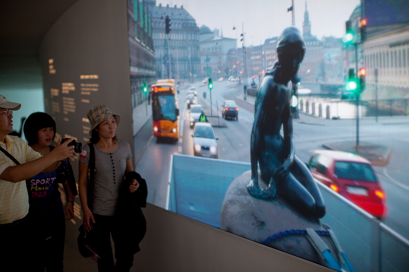 Visitors watch a video showing the journey of the Little Mermaid statue to China at the Denmark Pavilion during the Shanghai World Expo on May 3, 2010. /VCG