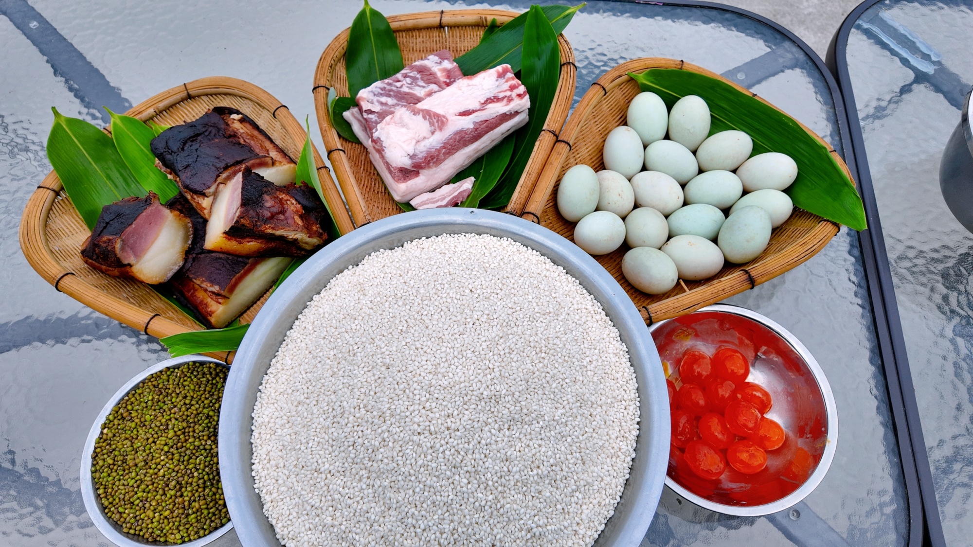The key ingredients of traditional handmade zongzi are seen in Sinan County, southwest China's Guizhou Province, on May 20, 2025. /Photo provided to CGTN