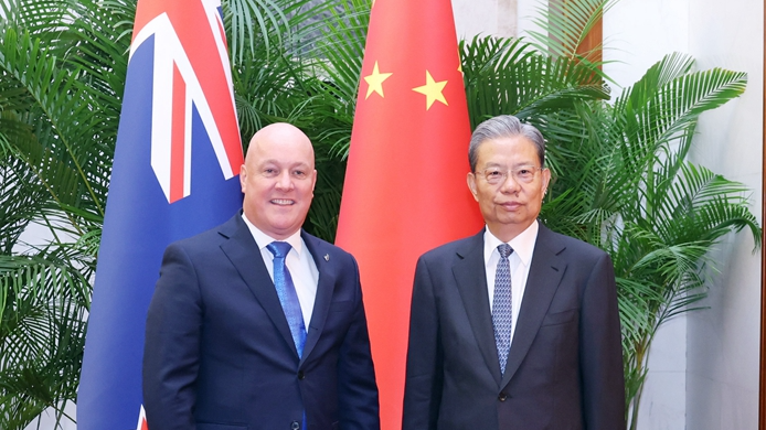Zhao Leji (R), chairman of China's National People's Congress Standing Committee, meets with New Zealand's Prime Minister Christopher Luxon in Beijing, China, June 20, 2025. /Xinhua