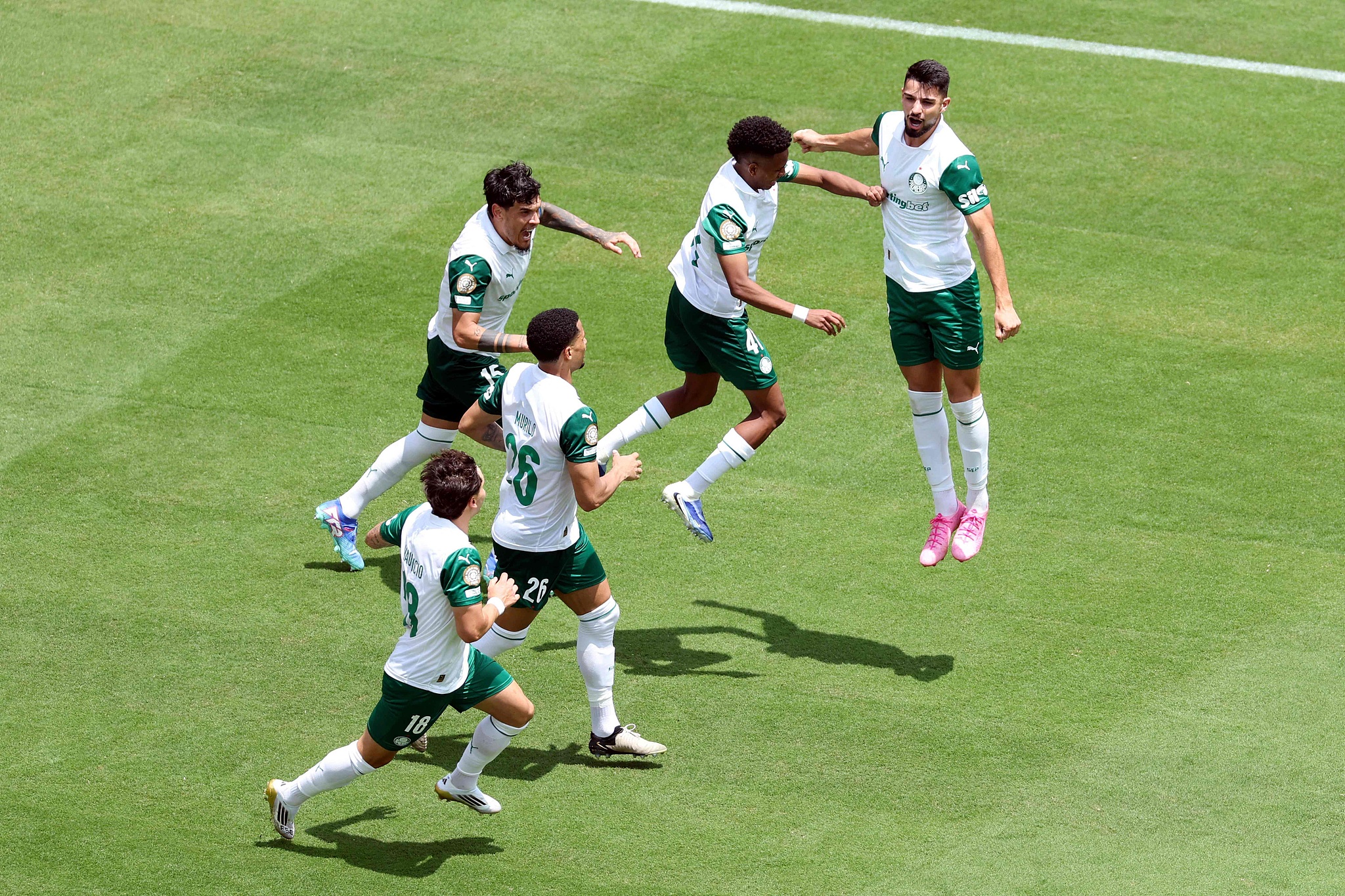 Palmeiras players celebrate after scoring a goal against Al-Ahly in a Group A match at the FIFA Club World Cup at MetLife Stadium in East Rutherford, New Jersey, June 19, 2025. /VCG