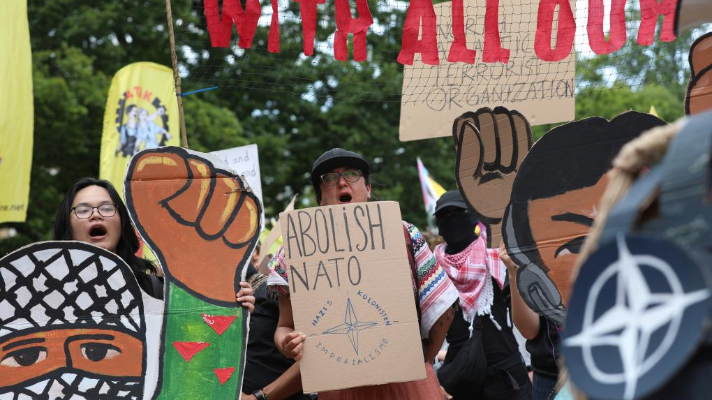 Protesters holding banners and placards are pictured in The Hague, the Netherlands, June 22, 2025. /Xinhua