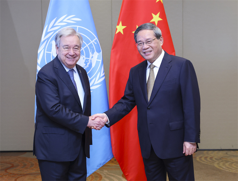 Chinese Premier Li Qiang meets with UN Secretary-General Antonio Guterres in Rio de Janeiro, Brazil, July 8, 2025. /Xinhua