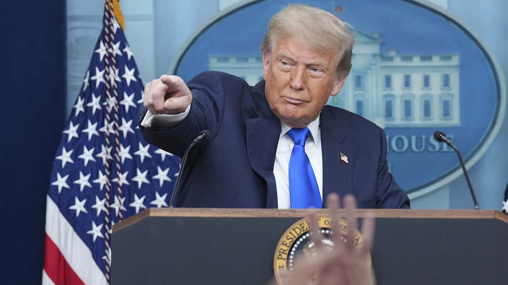 US President Donald Trump points to a reporter to take a question during a media press event in the White House, Washington D.C., US, June 27, 2025. /VCG