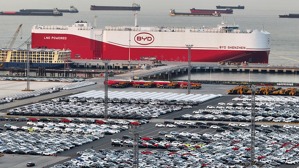BYD's Shenzhen vehicle carrier ship departs from the Taicang Port area for its maiden voyage to Brazil at the Suzhou Port, Jiangsu Province, April 27, 2025. /VCG