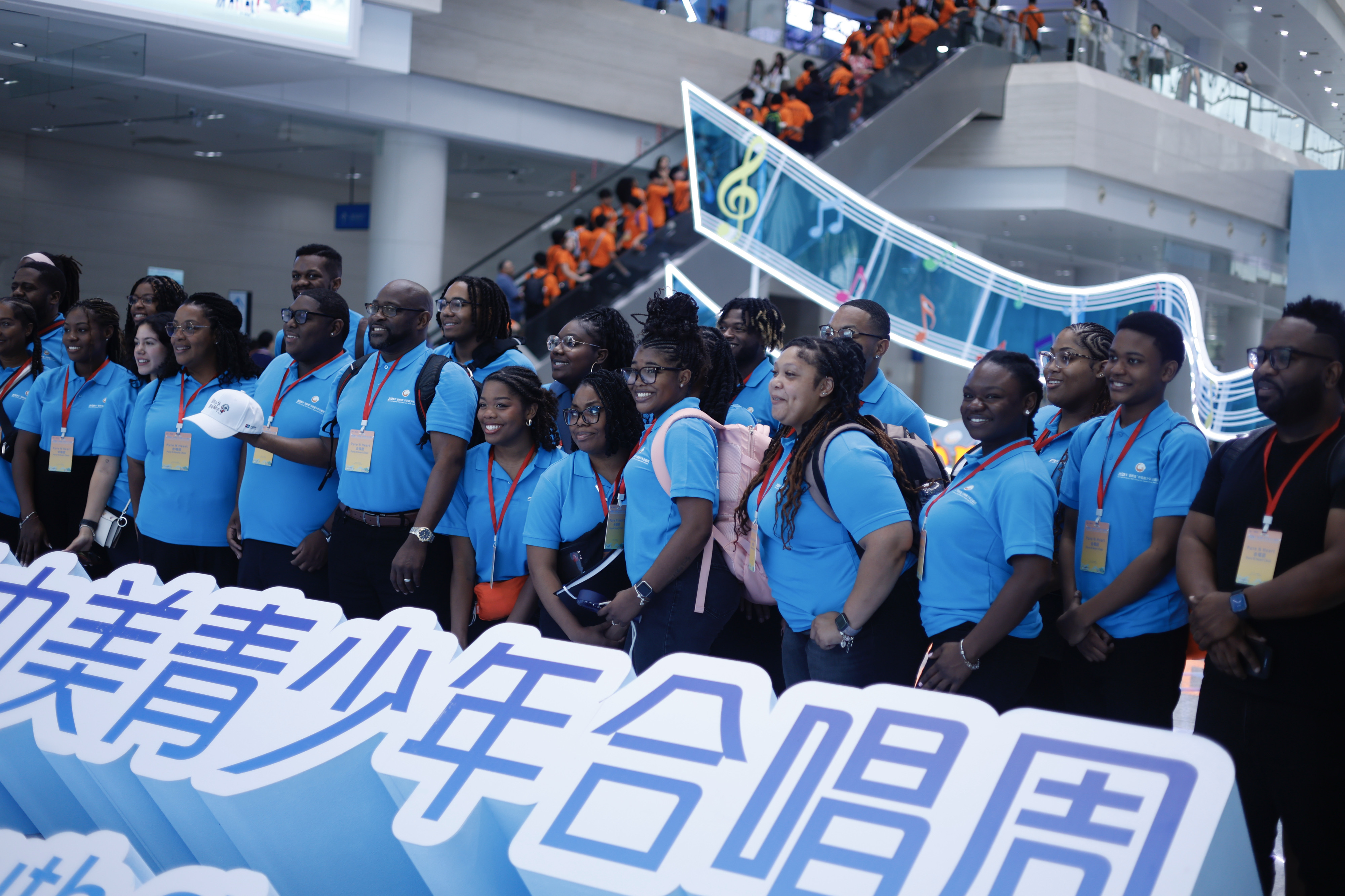 American students attending the Bond with Kuliang: 2025 China-U.S. Youth Choir Festival pose for a photo at the opening ceremony in Fuzhou on July 10, 2025. /Photo provided to CGTN