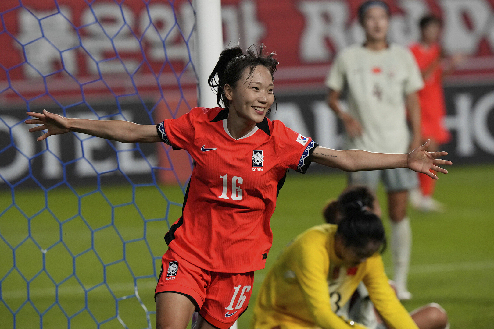 Jang Sel-gi (#16) of South Korea celebrates scoring a goal in the game against China at the EAFF Women's E-1 Football Championship in Suwon, South Korea, July 9, 2025. /VCG