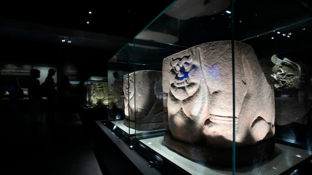 Red sandstone carvings are displayed at the Xixia Imperial Tombs Museum in Yinchuan, northwest China's Ningxia Hui Autonomous Region, July 9, 2025. /Xinhua