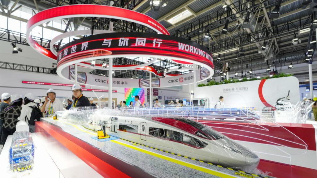 The booth of CRRC at the advanced manufacturing section of the third China International Supply Chain Expo (CISCE) in Beijing, capital of China, July 14, 2025. /Xinhua