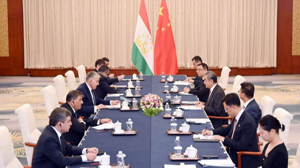Chinese Foreign Minister Wang Yi, also a member of the Political Bureau of the Communist Party of China Central Committee, meets with Tajikistan's Minister of Foreign Affairs Sirojiddin Muhriddin in north China's Tianjin, July 16, 2025. /Chinese Foreign Ministry