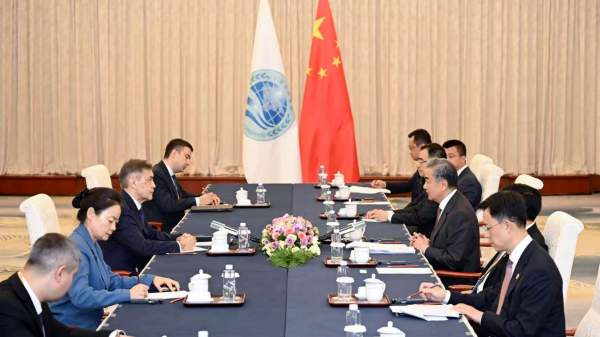 Chinese Foreign Minister Wang Yi, also a member of the Political Bureau of the Communist Party of China Central Committee, meets with Nurlan Yermekbayev, secretary-general of the Shanghai Cooperation Organization, in north China's Tianjin, July 16, 2025. /Chinese Foreign Ministry