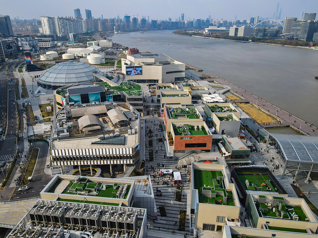 Aerial view of GATE M West Bund Dream Center at the Xuhui Riverside, Shanghai, China, March 16, 2025. /VCG