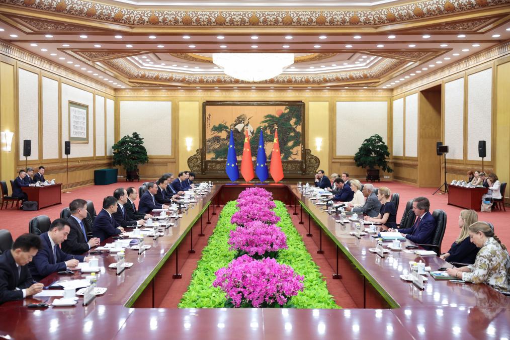 Chinese Premier Li Qiang co-chairs the 25th China-EU Summit with President of the European Council Antonio Costa and President of the European Commission Ursula von der Leyen at the Great Hall of the People in Beijing, capital of China, July 24, 2025. /Xinhua
