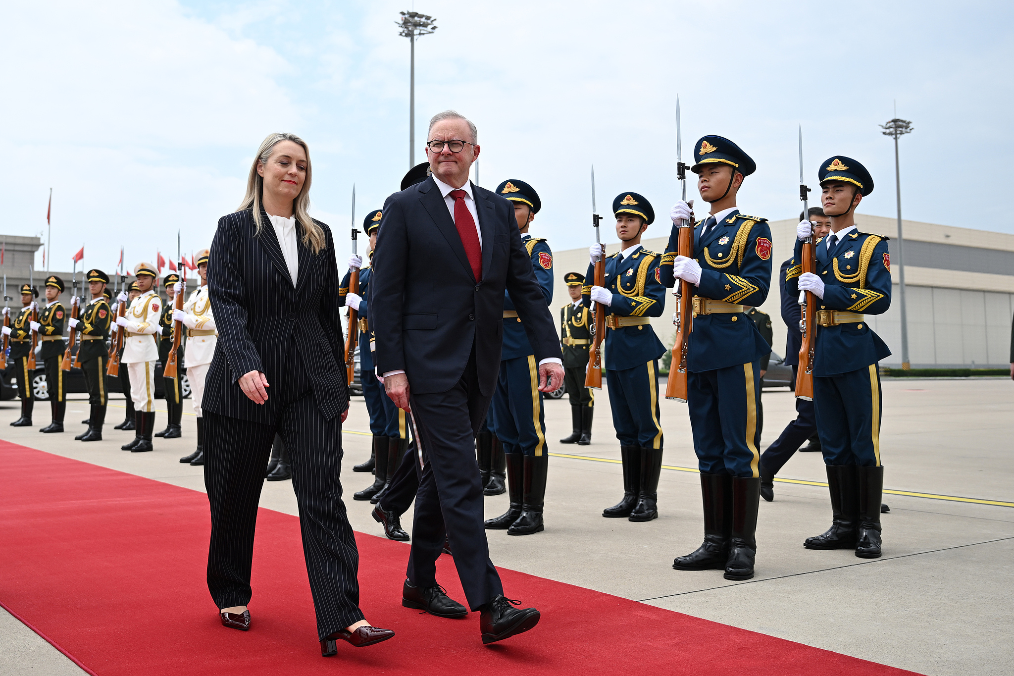 Australian Prime Minister Anthony Albanese and partner Jodie Haydon depart Beijing, China, 16 July 2025. /VCG