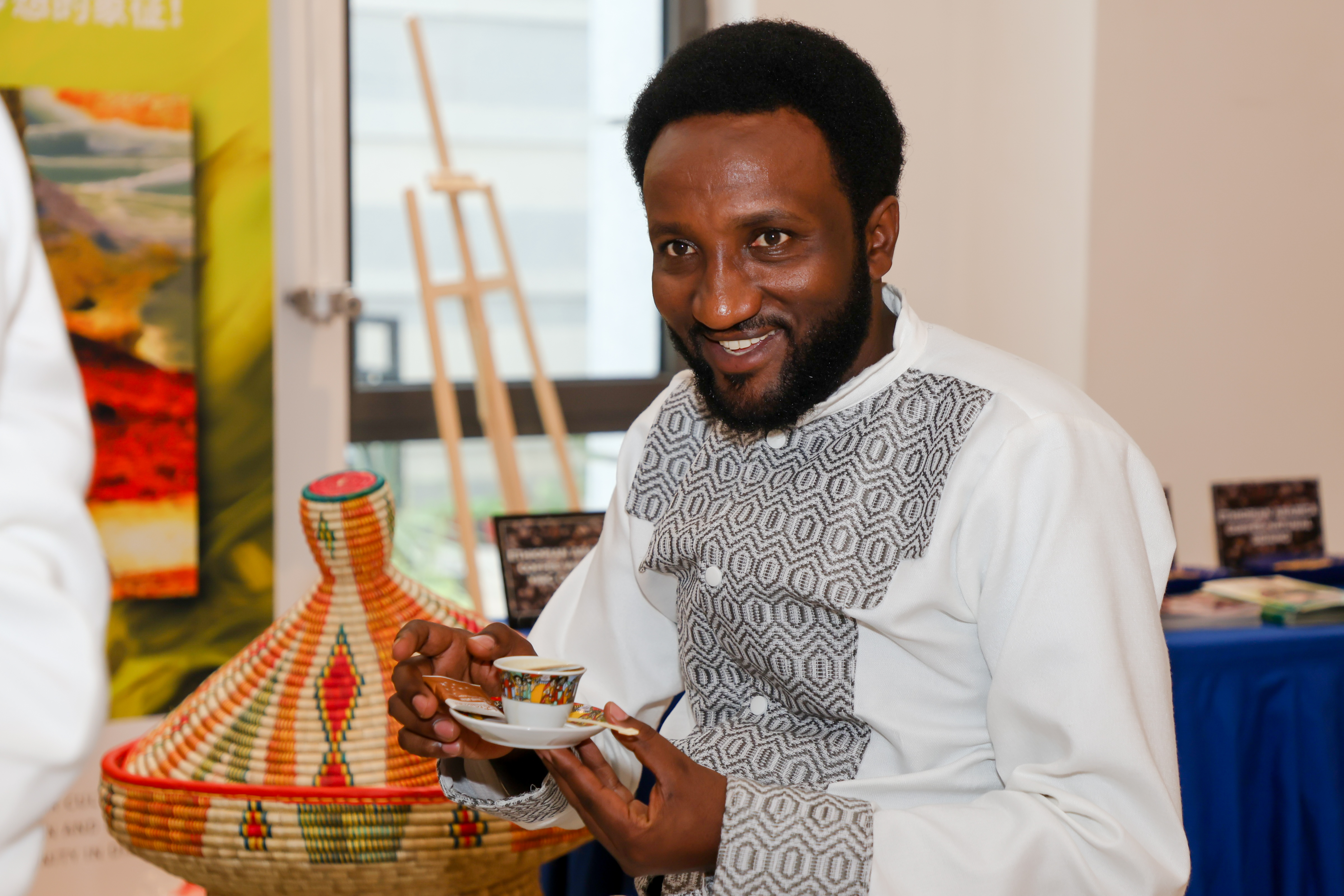 A traditional coffee ceremony is showcased at the Ethiopian Embassy in China on July 24, 2025. /Photo provided to CGTN