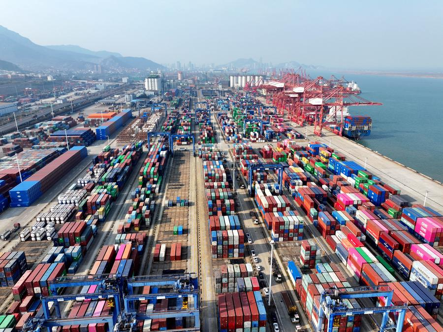 A container terminal at the Lianyungang Port in Jiangsu Province in east China. The port connects with Central Asia and Europe via rail-sea intermodal transport. December 10, 2024. /Xinhua