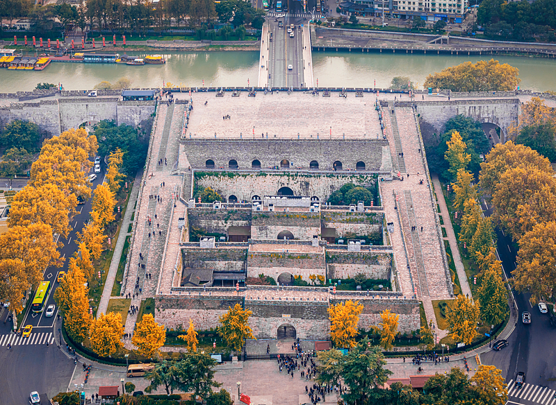 Ginkgo trees turning gold around Zhonghua Gate, Nanjing, November 15, 2023. /CFP