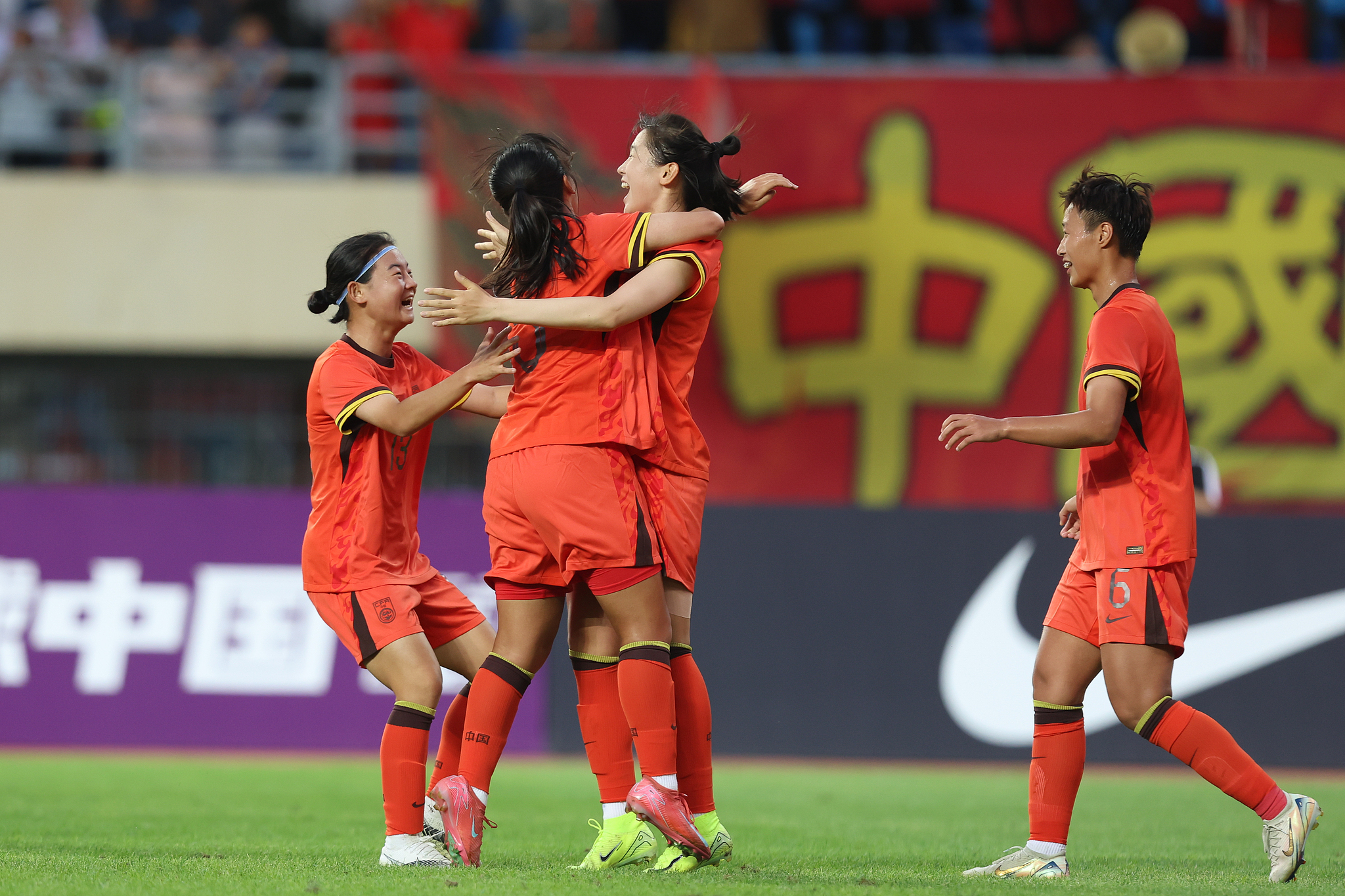 China's players celebrate after scoring a goal against Syria in a 2026 Asian Football Confederation (AFC) Under-20 Women's Asian Cup qualifying match in Yinchuan, northwest China's Ningxia Hui Autonomous Region, August 6, 2025. /VCG