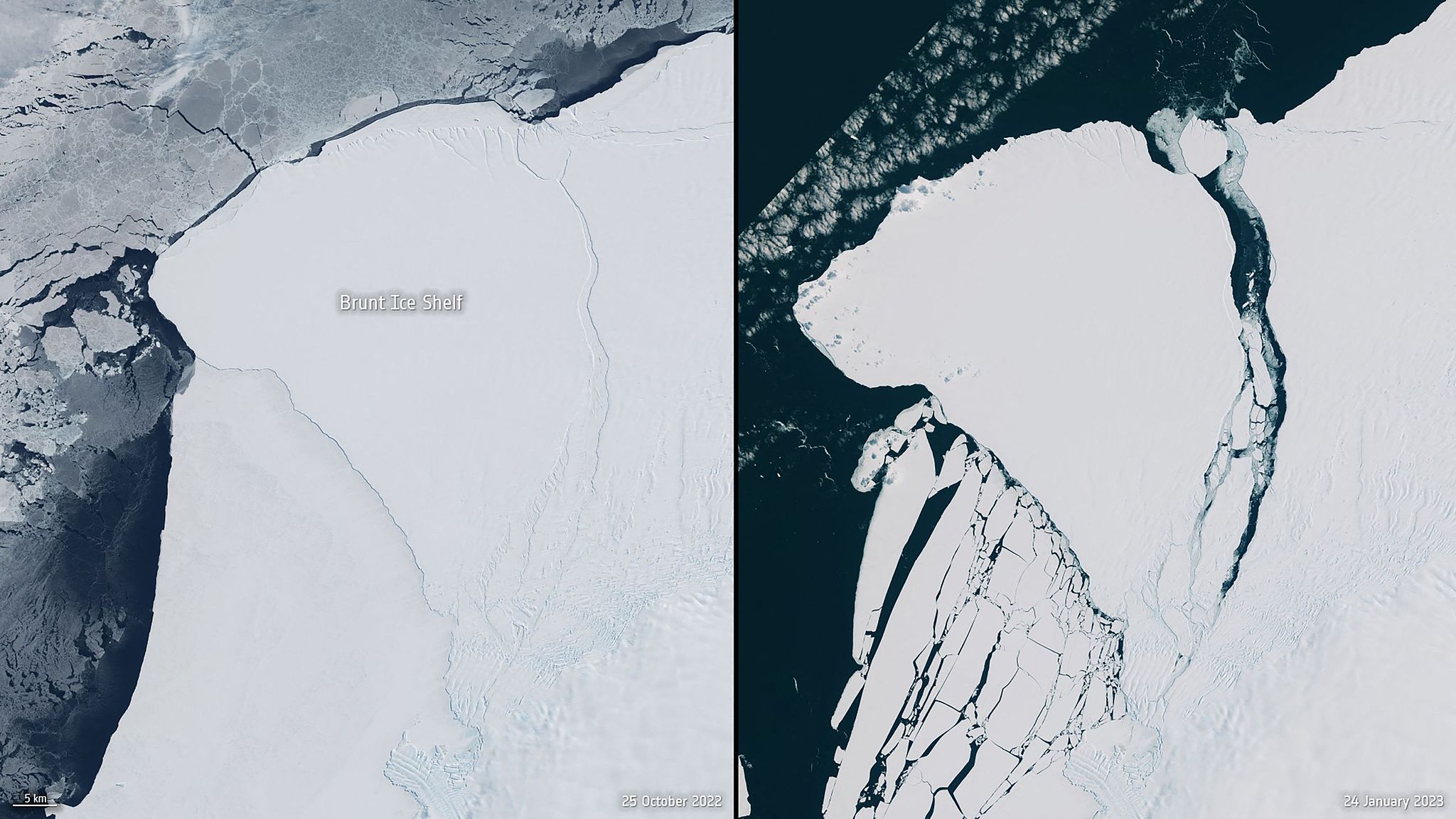 These handout images from Copernicus Sentinel-2 obtained on July 24, 2025 show the before and after of the massive slab of ice that broke away from the Brunt Ice Shelf. The image on the left shows cracks and chasms of the ice shelf on October 25, 2022, while the image on the right shows the ice berg breaking away from the ice shelf on January 24, 2023. /VCG